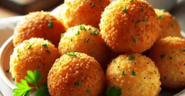 A detailed, close-up shot of golden-brown crispy bread balls served on a white plate, garnished with chopped parsley, and accompanied by a dipping sauces.